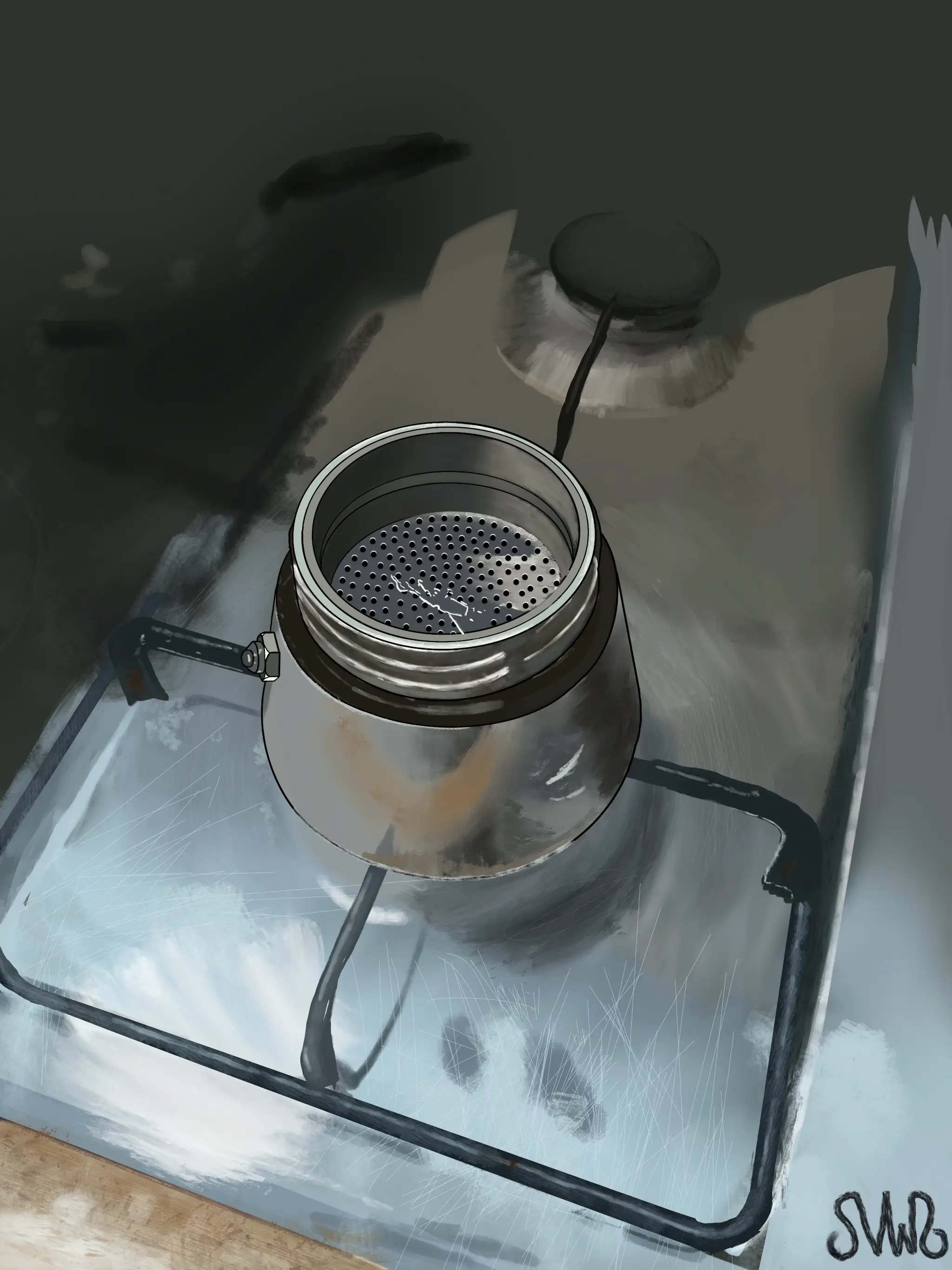 A painting of the moka on the stove, with the empty coffee basket inside.