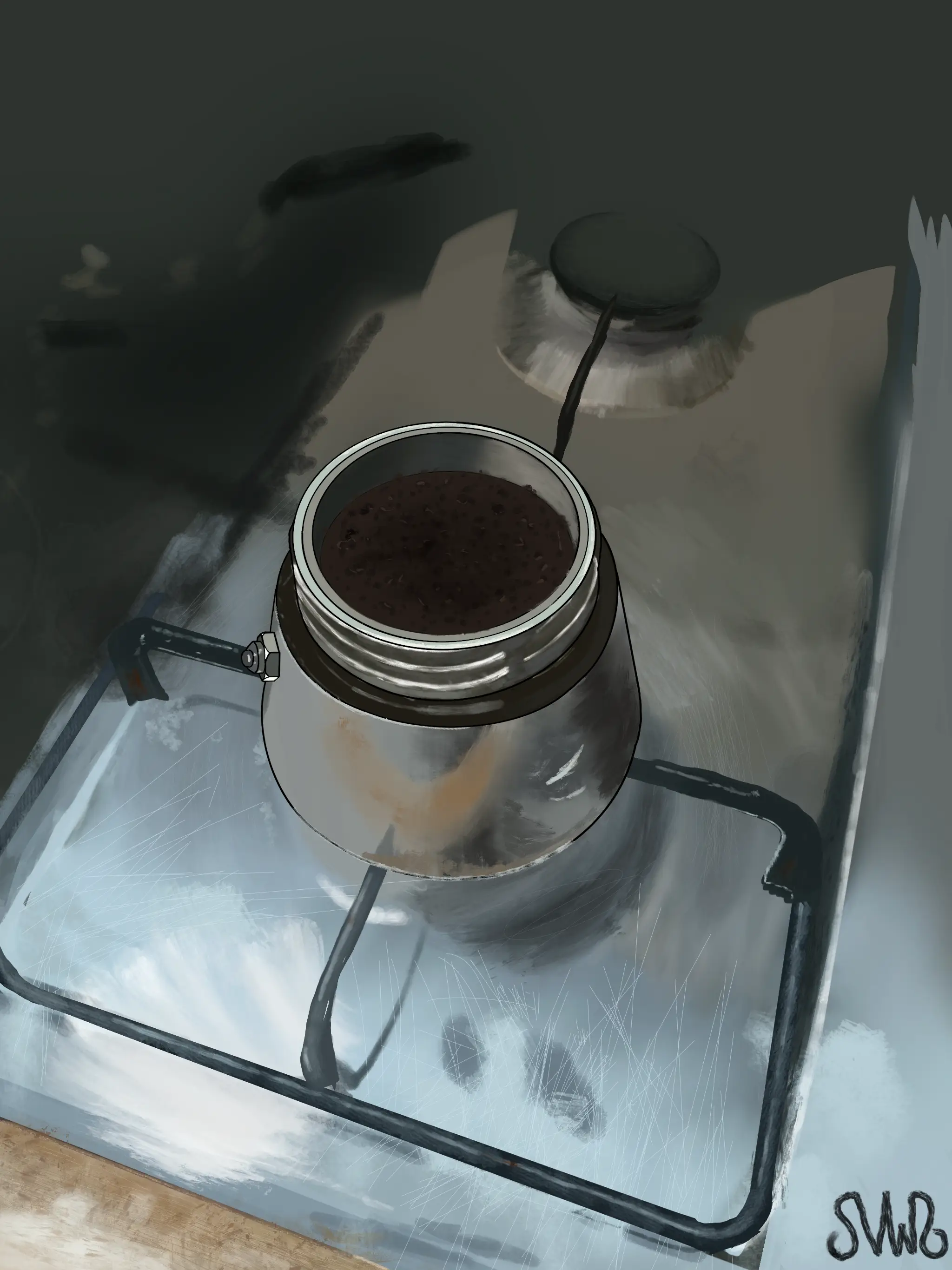 A painting that's the same as before, but this time with coffee grinds filling the basket up to the halfway point.