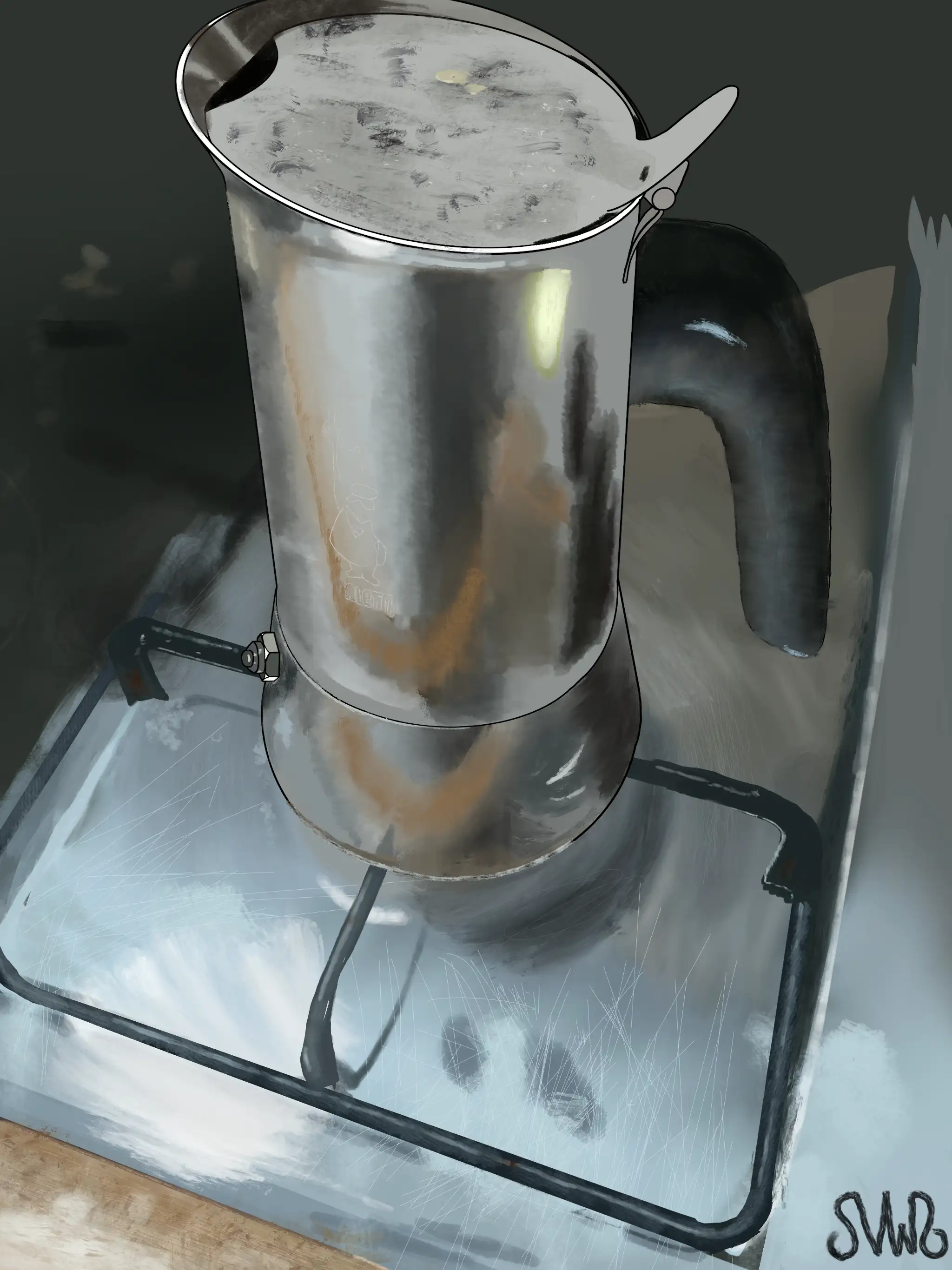 A painting of the moka, now with the upper half reassembled, ready to be brewed.