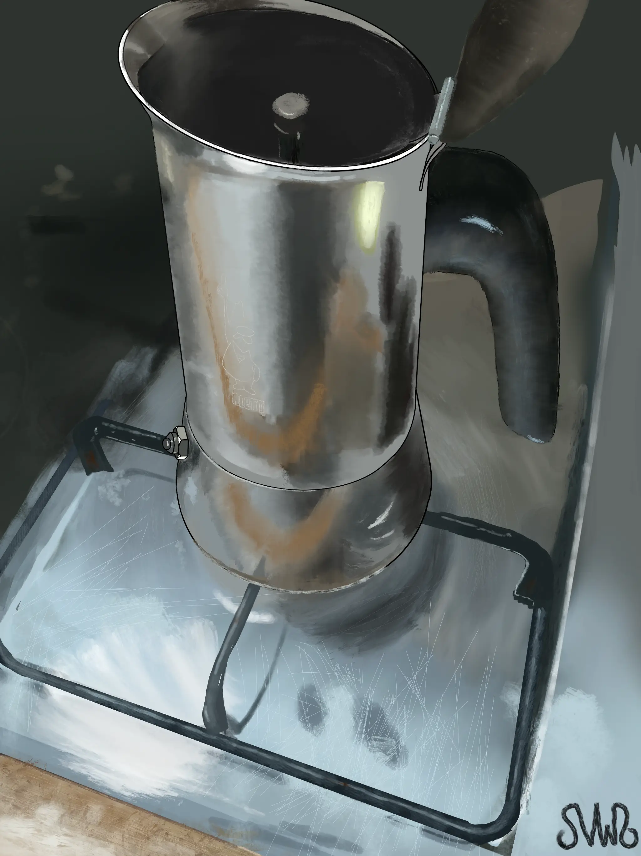 A painting of a moka on my stove at home