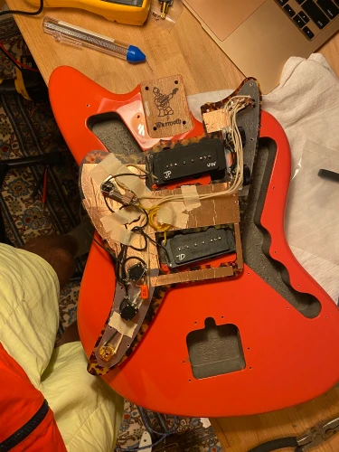 The electronics completed, attached to the pickguard
