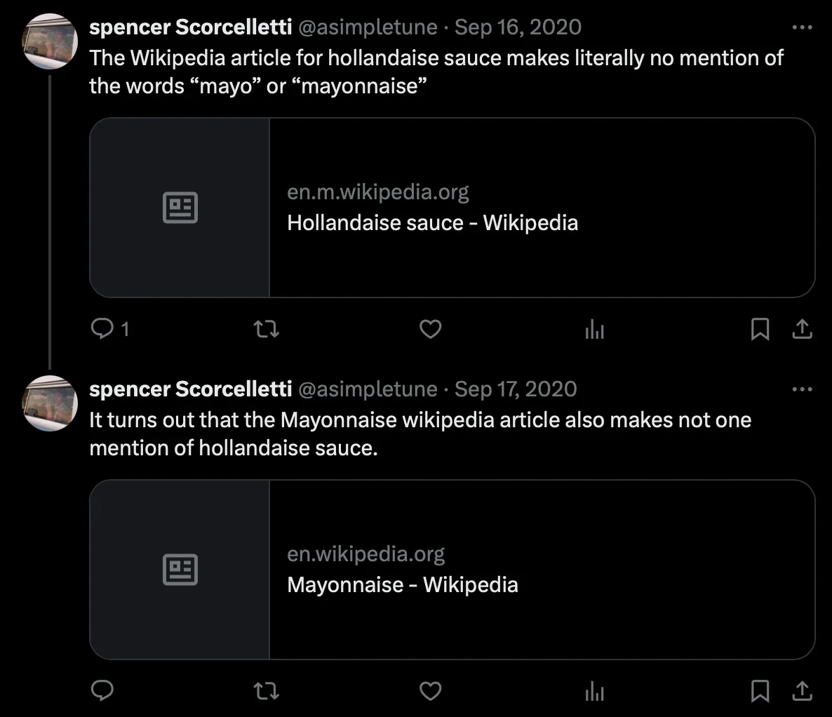 There are two tweets. The first: 'The Wikipedia article for hollandaise sauce makes literally no mention of the words "mayo" or "mayonnaise"'. The second: 'It turns out that the Mayonnaise wikipedia article also makes not one mention of hollandaise sauce.'